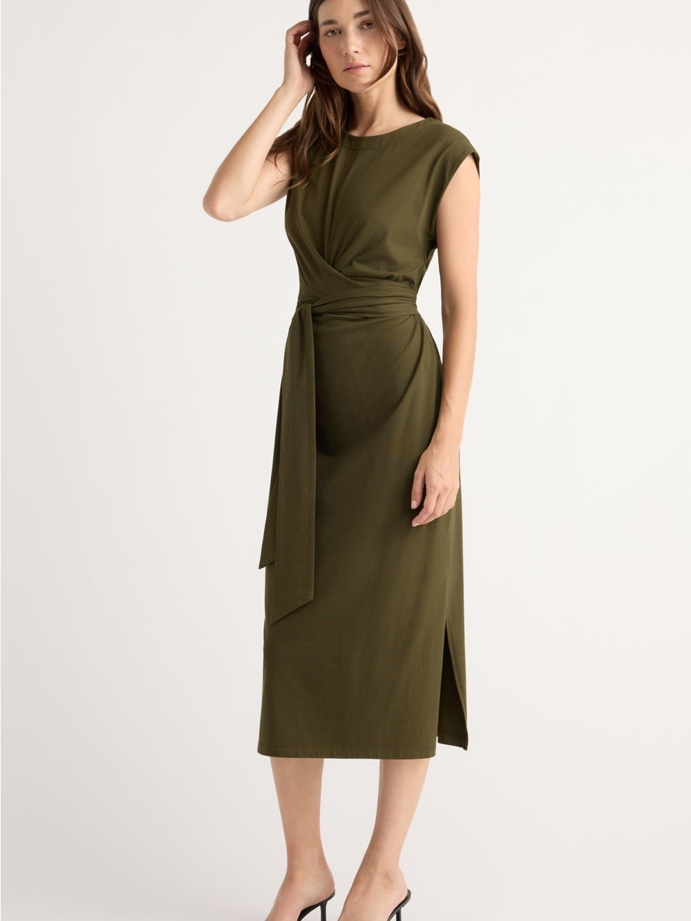 Modern Citizen Olive Tie-Waist Cap Sleeve Midi Dress